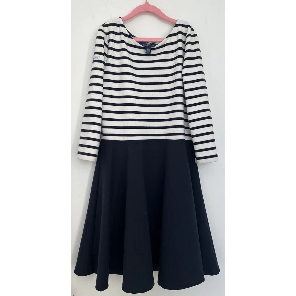 NWOT Polo Ralph Lauren Girls Striped Drop Waist Dress Size L (12-14) Navy Blue